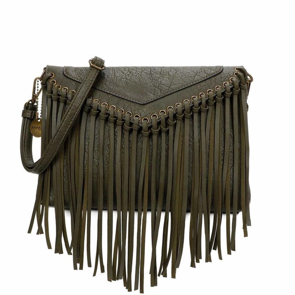 Green fringe crossbody bag with detachable strap, vegan leather